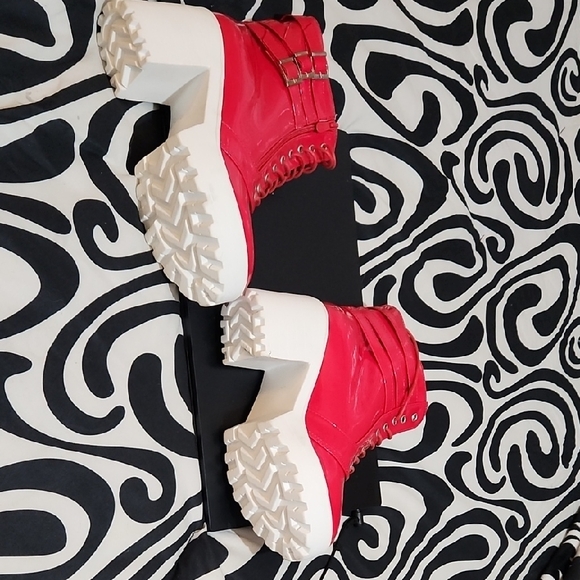 Red and White Lace Up Boots with Chunky Sole. NWOT. - Picture 2 of 3